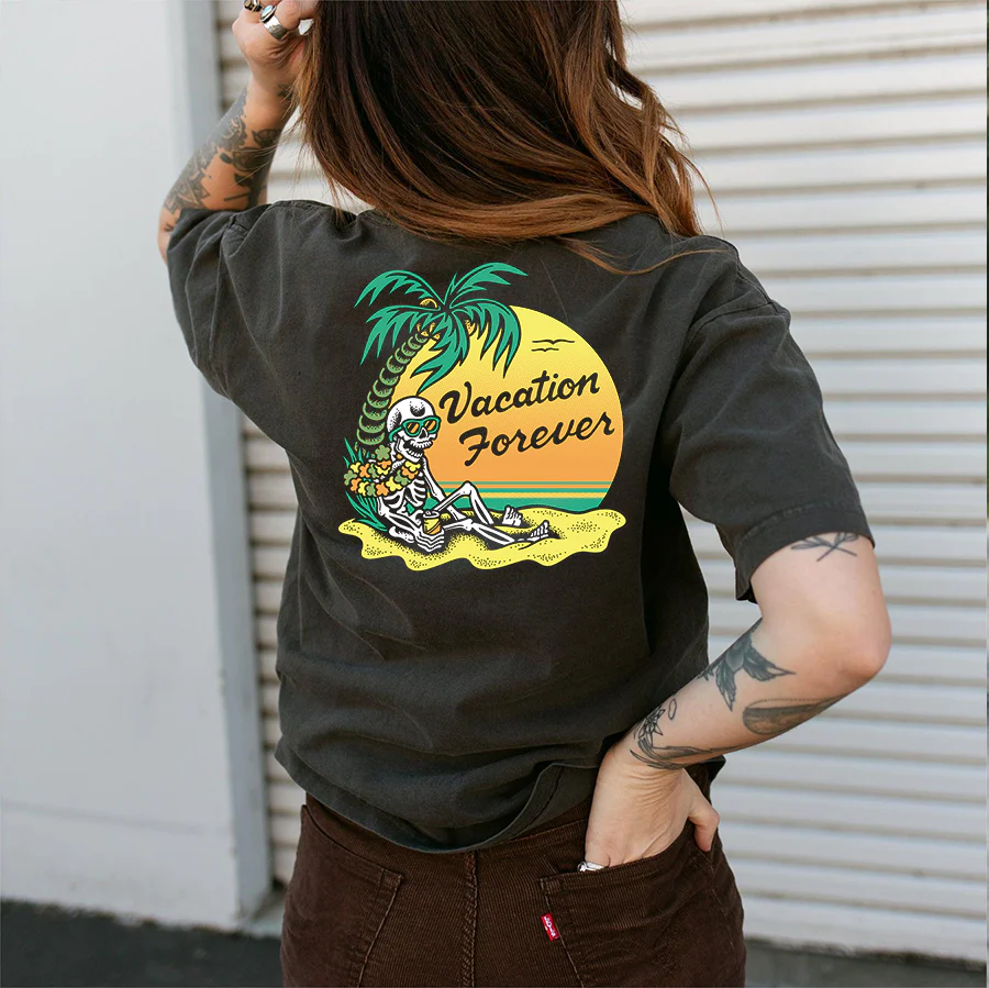 VACATION FOREVER SKULL PRINTING T-SHIRT