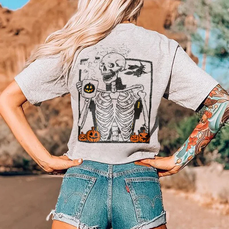 HALLOWEEN SKELETON DRINKING COFFEE CASUAL WOMEN T-SHIRT