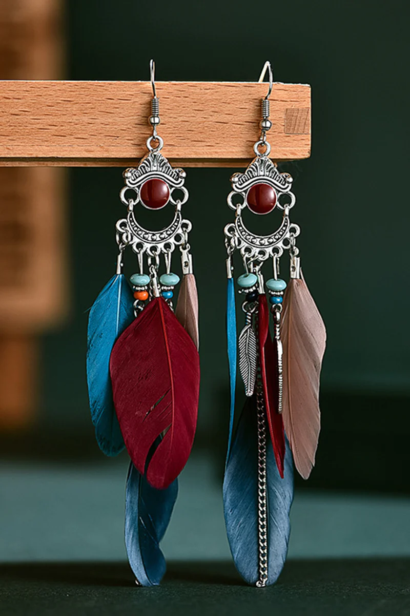 VINTAGE FRINGE COLORBLOCK FEATHER EARRINGS