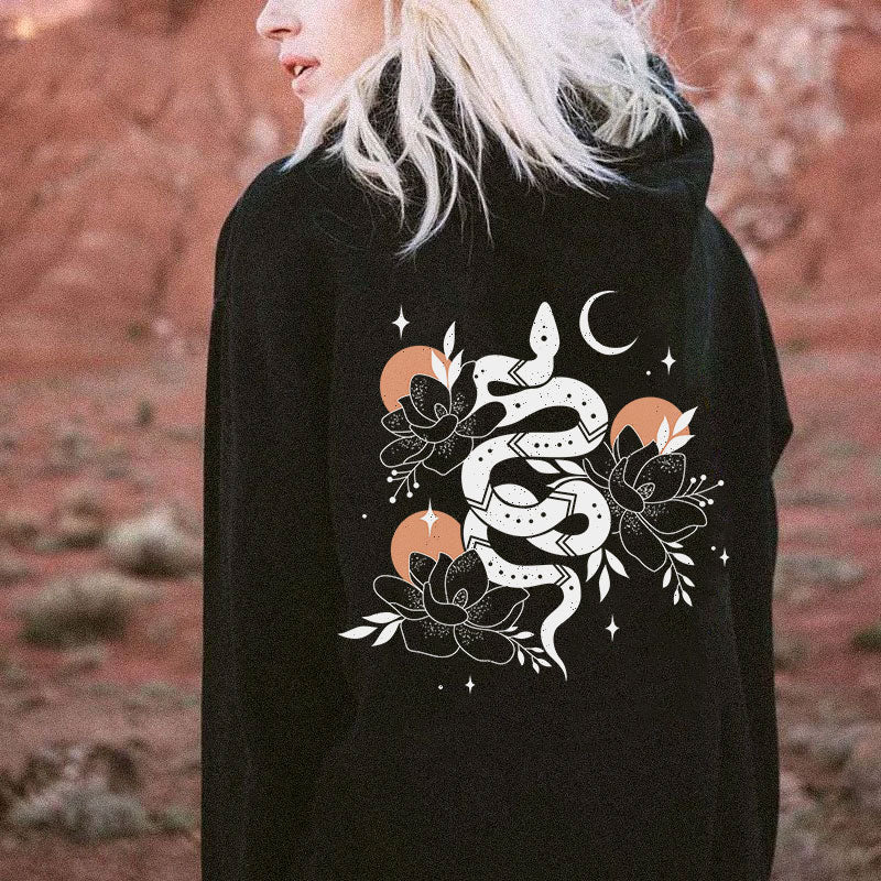 SNAKE MOON FLORAL PRINTED WOMEN'S HOODIE