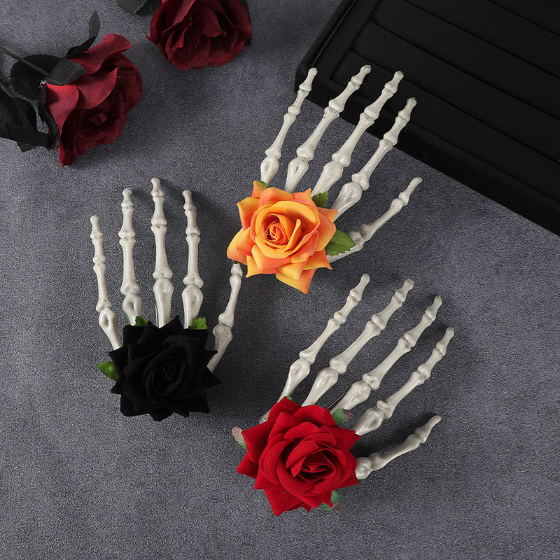 HALLOWEEN ROSE SKULL HAND HAIR CLIP