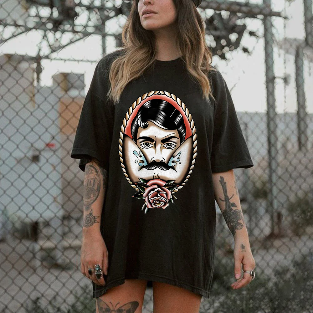 A BEARDED MAN AND FLOWER PRINT T-SHIRT