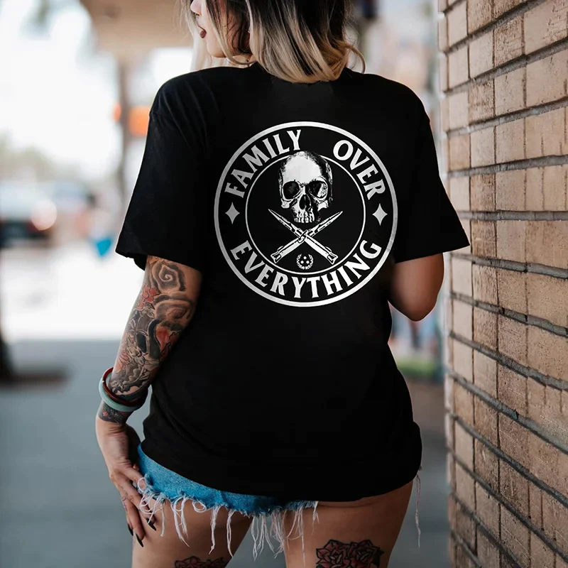 FAMILY OVER EVERYTHING PRINTED SKULL WOMEN'S T-SHIRT