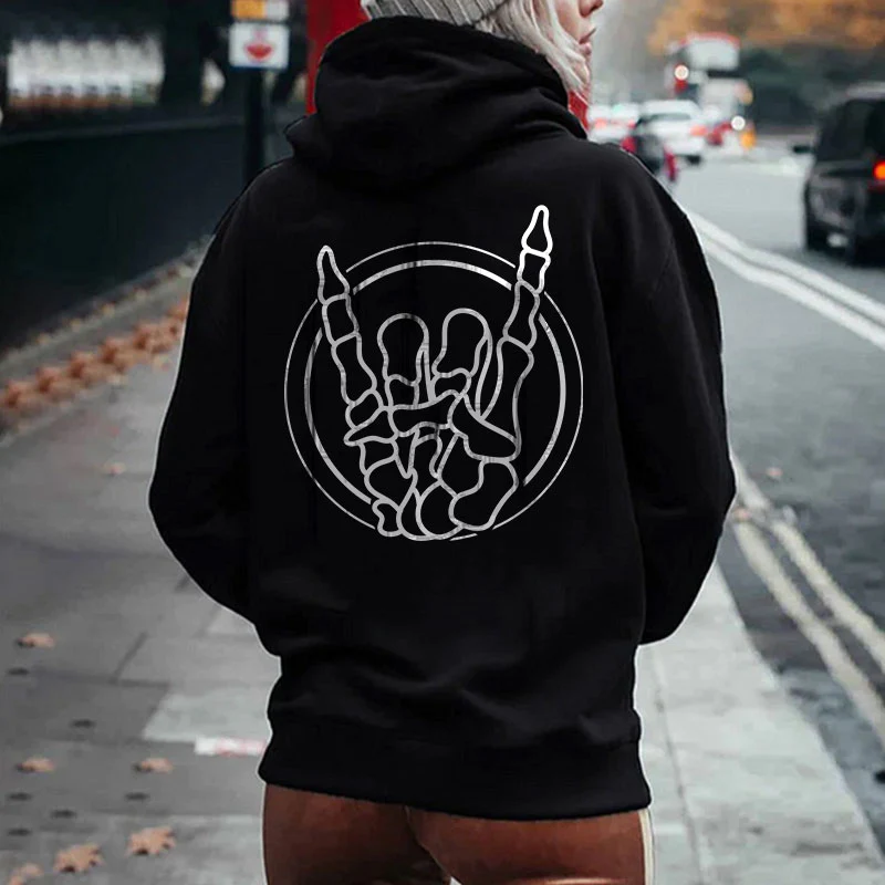 SKULL GESTURE PRINTED CASUAL HOODIE