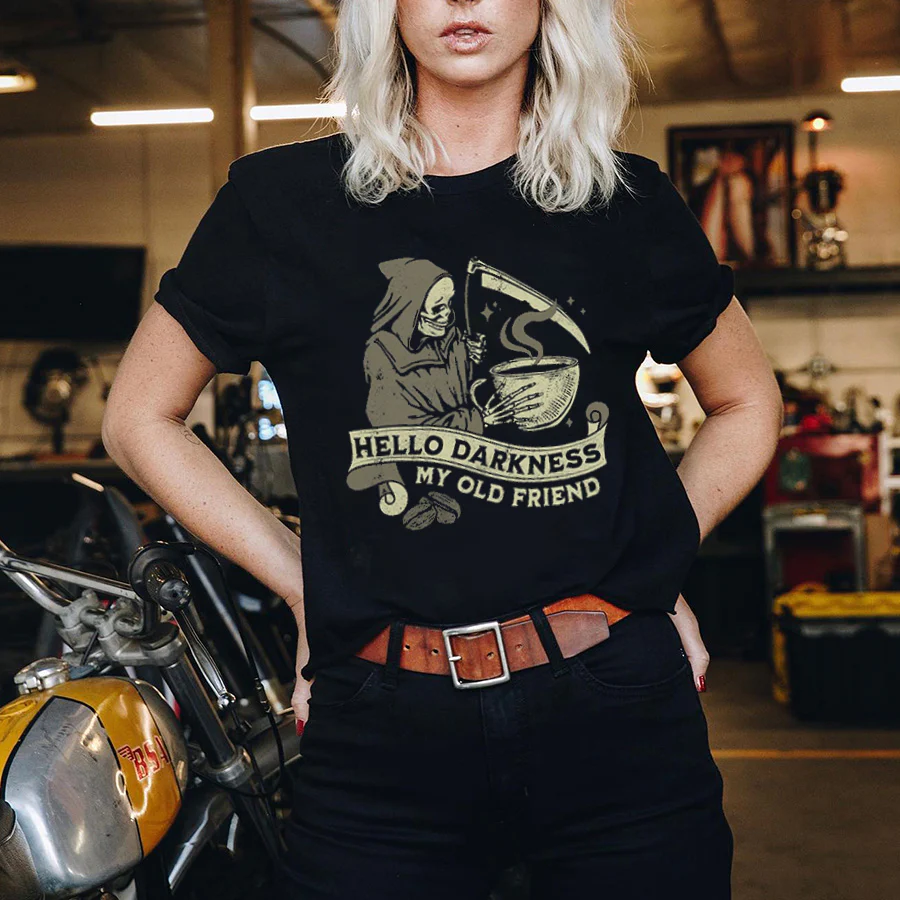 HELLO DARKNESS MY OLD FRIEND DEATH AND COFFIN PRINTED T-SHIRT