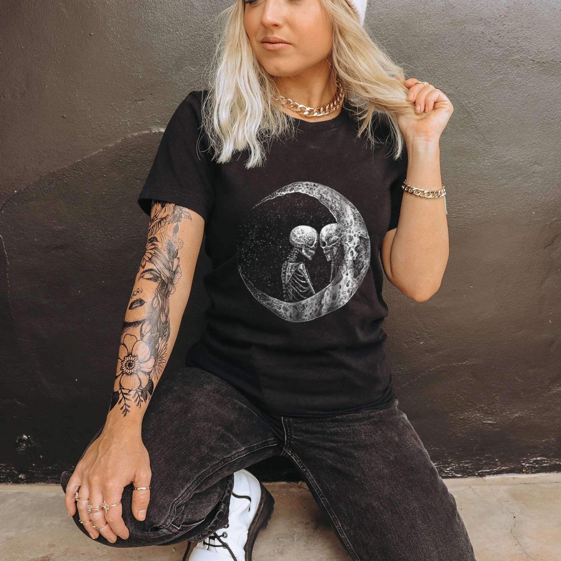 MOON AND SKULL PRINTED PREMIUM T-SHIRT