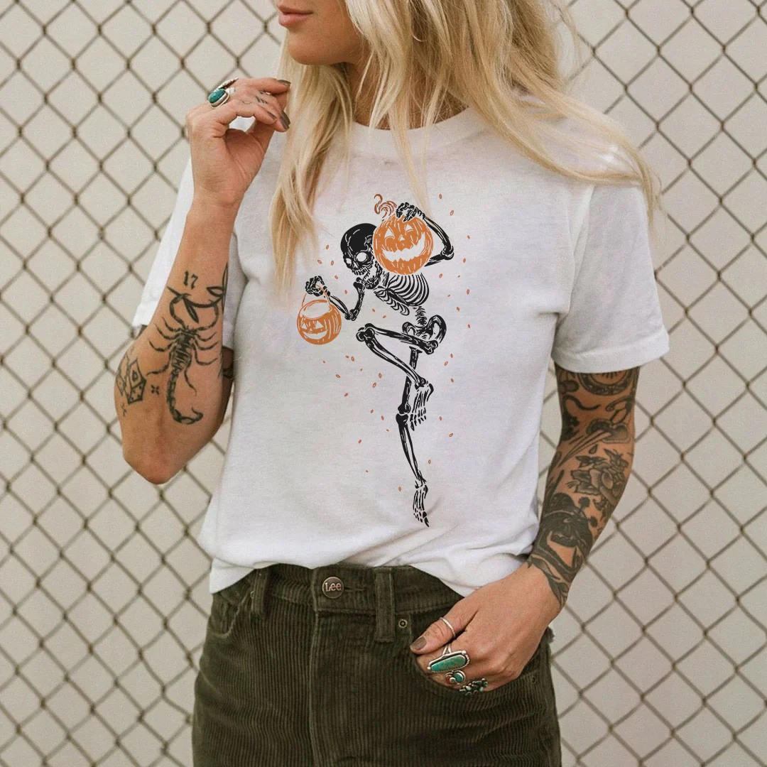 HAPPY HALLOWEEN PUMPKIN PRINT SKELETON T-SHIRT
