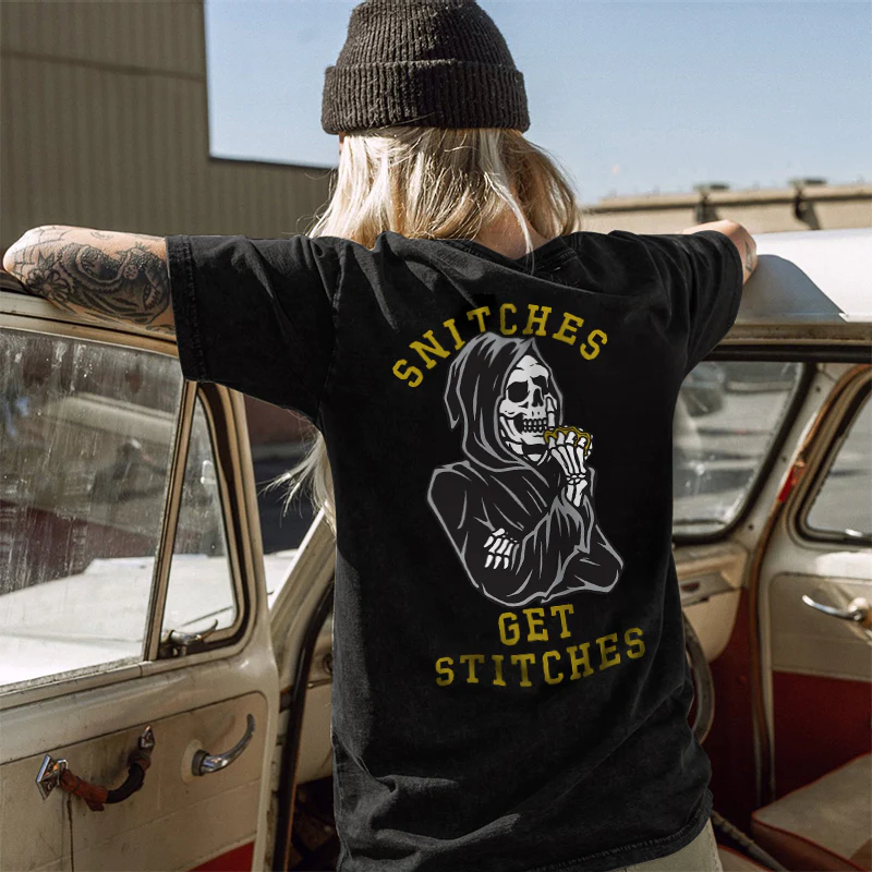 SNITCHES GET STITCHES PRINTED SKULL T-SHIRT
