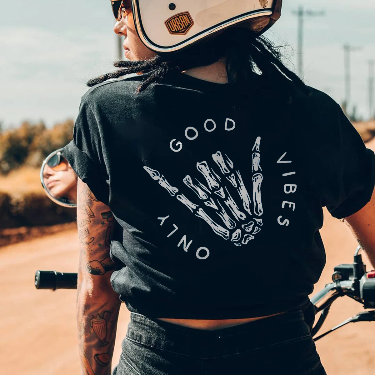ONLY GOOD VIBES AND SKULL HAND PRINTED WOMEN'S T-SHIRT