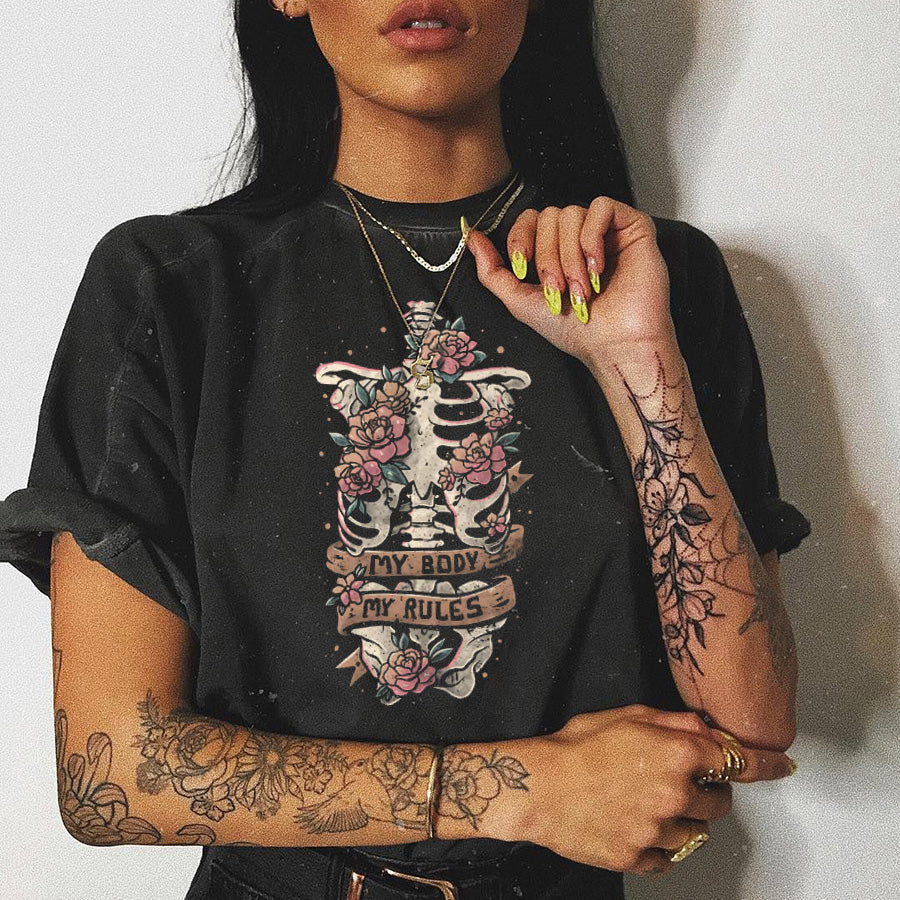 MY BODY MY RULES SKULL AND FLOWERS PRINTED T-SHIRT