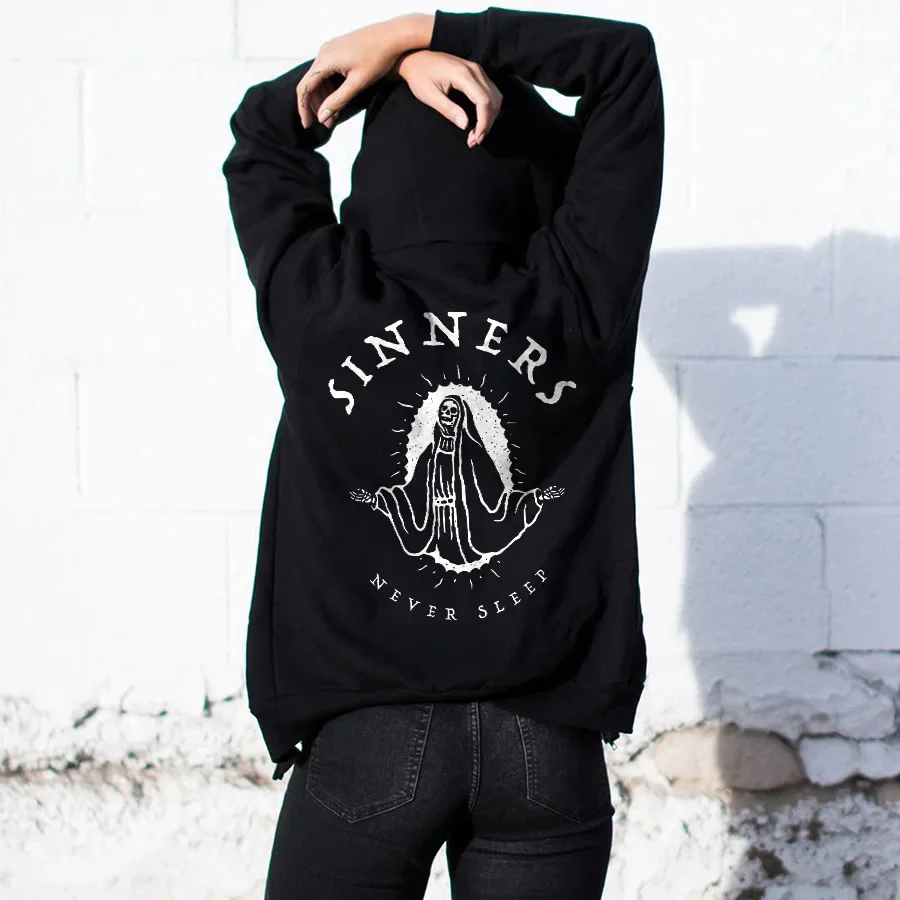 SINNERS NEVER SLEEP PRINTED WOMEN'S HOODIE
