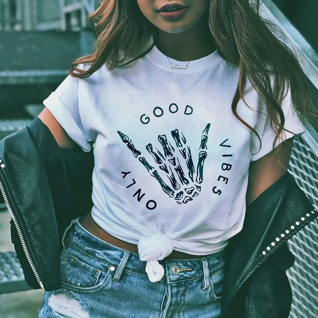 ONLY GOOD VIBES AND SKULL HAND PRINTED WOMEN'S T-SHIRT