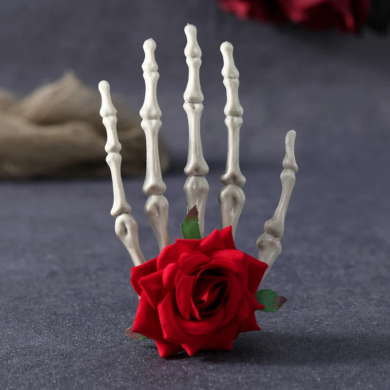 HALLOWEEN ROSE SKULL HAND HAIR CLIP