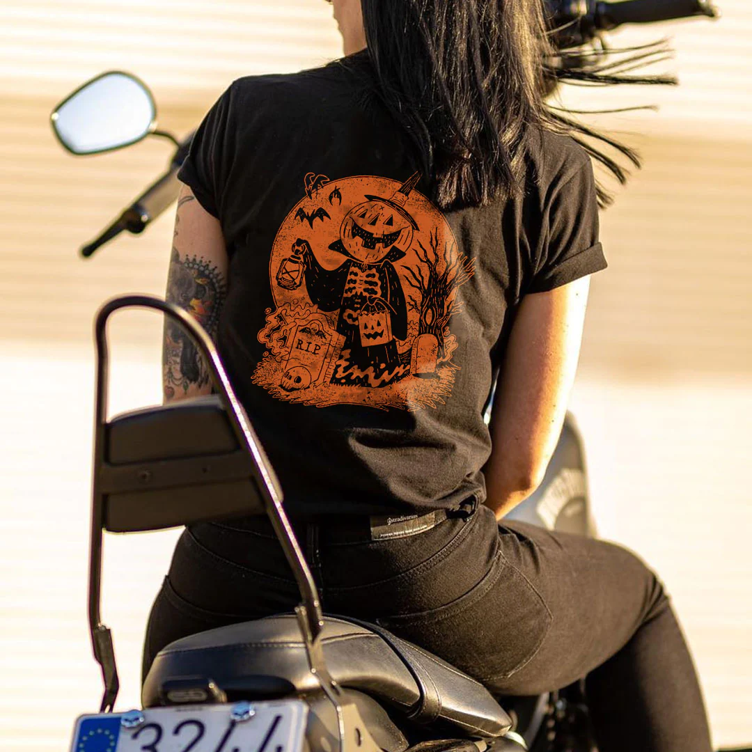 HALLOWEEN SPOOKY PUMPKIN AND SKULL PRINTED T-SHIRT