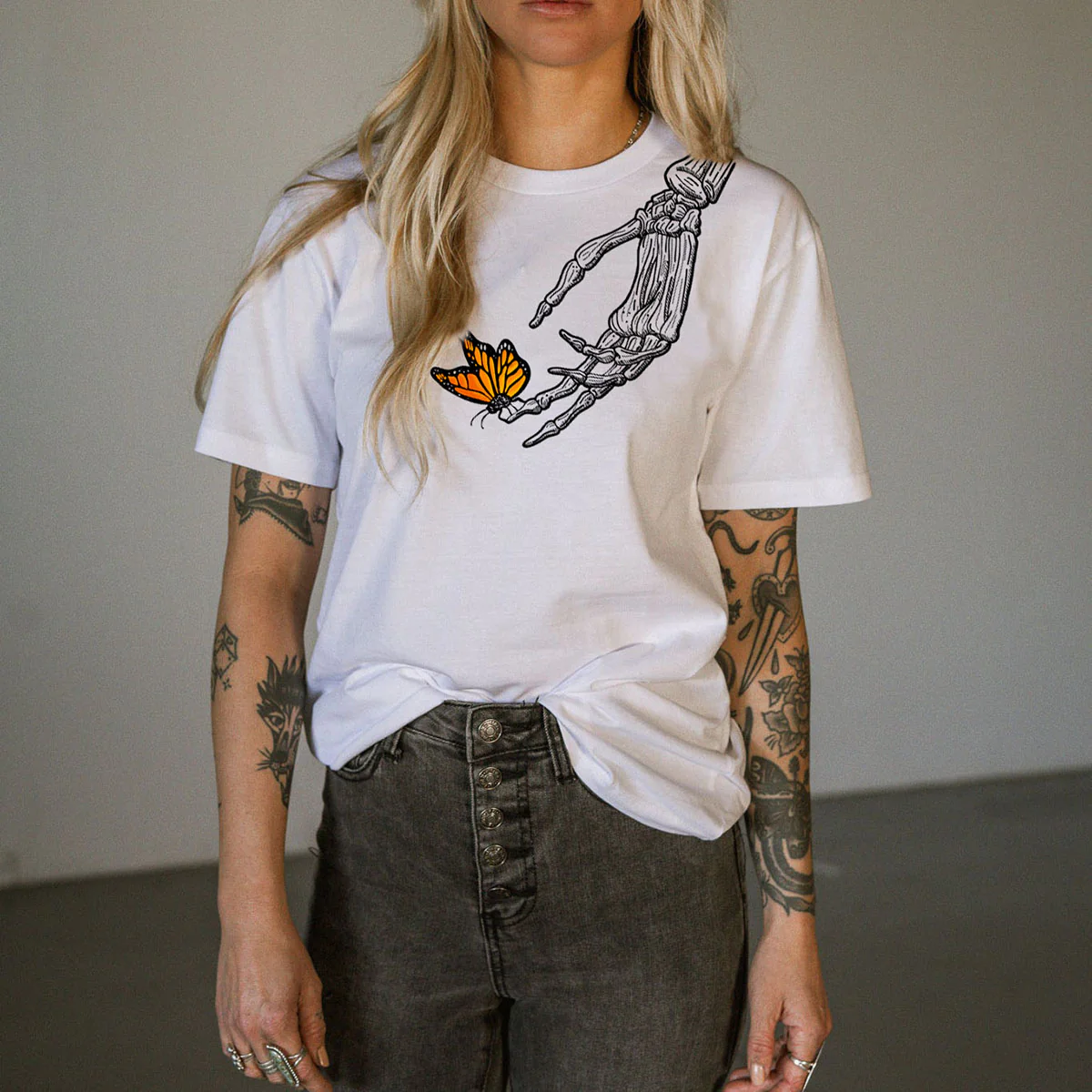 SKELETON HAND & BUTTERFLY PRINTED WOMEN'S T-SHIRT