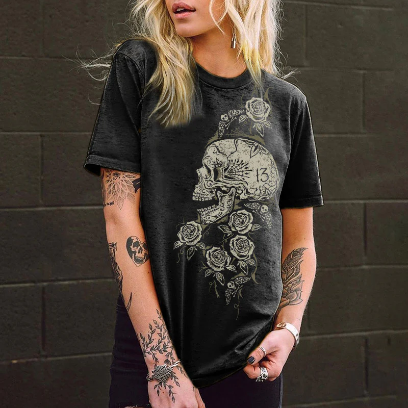 SKULL AND FLOWERS PRINT WOMEN'S T-SHIRT